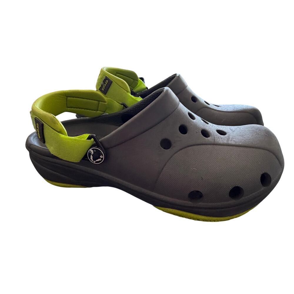 Crocs dark gray w yellow velcro band at heel W sz 9 comfy lightweight summer